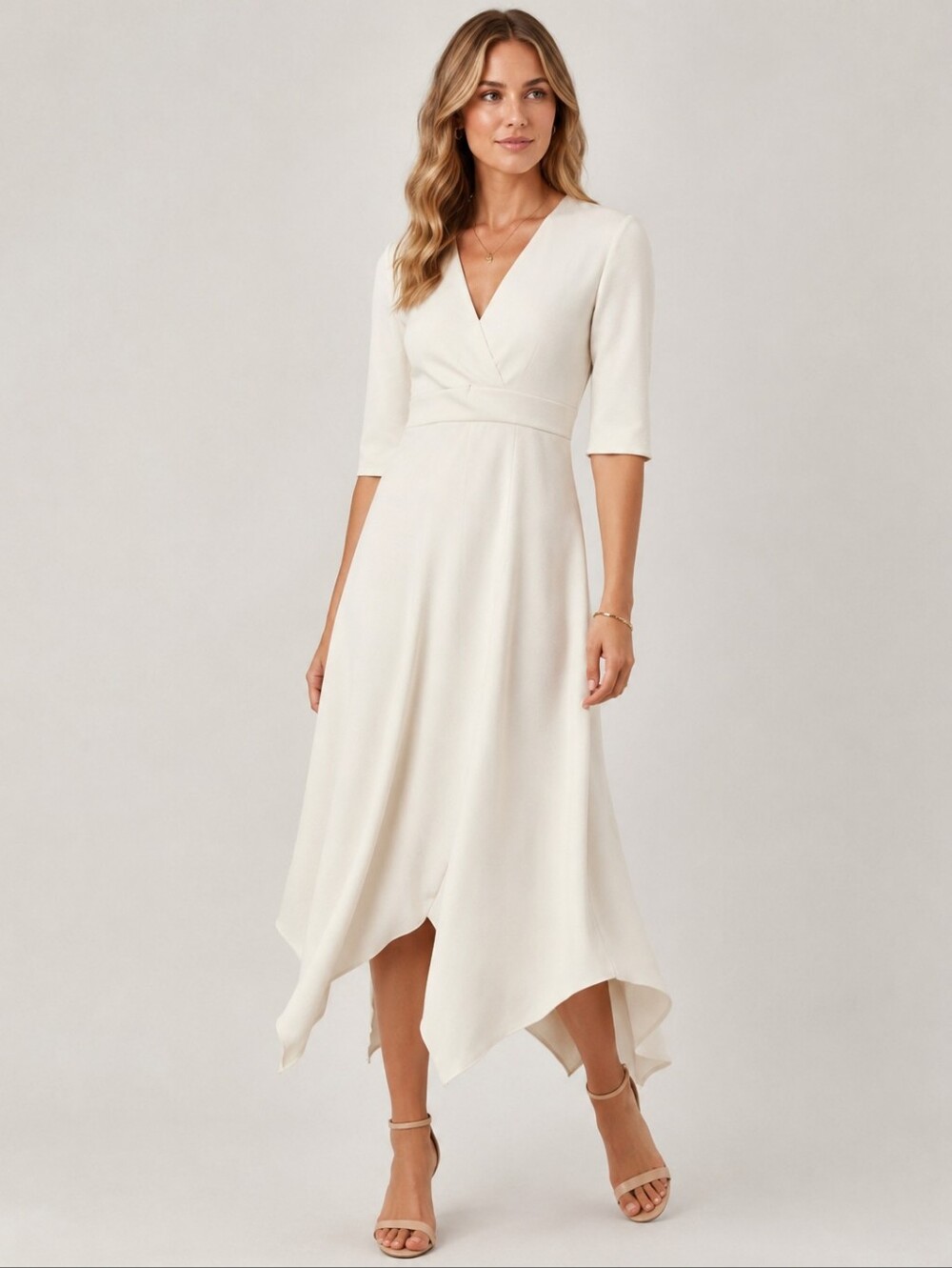 Dorothee Schumacher Ivory Asymmetrical Hem Midi Dress Size 2 Elegant Wrap Style